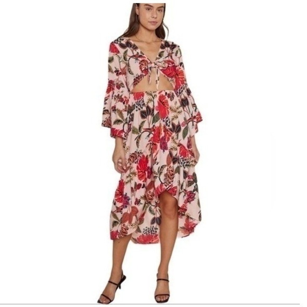 Raga Floral Cutout Bell Sleeve High Low Midi Dress Pink Multi R4561 Womens M NEW